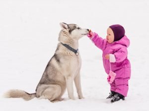 Litet barn klappar hund ute i snön