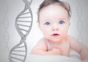 Baby med en illustration av DNA-spiral bredvid