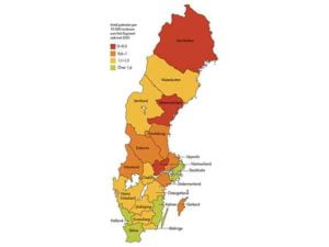 Sverigekarta som anger regionernas förskrivning av Dupixent