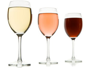 Tre vinglas, vitt, rosé och rött