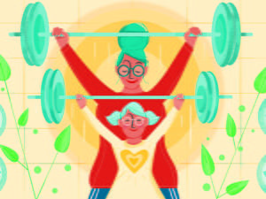 Färgglad tecknad bild med en kvinna och en flicka som lyfter varsin skivstång på raka armar