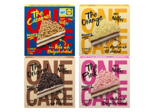Förpackningar med fyra olika smaker av tårtorna One cake